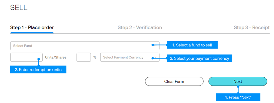 Click “Sell” to go to this screen. Select the fund you wish to sell and then enter either a percentage of your available holding(s) or the no. of units. Select the payment currency and press “Proceed” to further proceed.