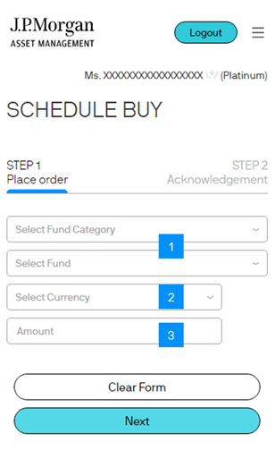 Click “eScheduler” > “Schedule Buy” to go to this screen. Select the fund you wish to buy, then type in the amount you wish to invest.