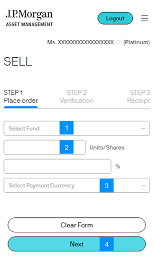Click “Sell” to go to this screen. Select the fund you wish to sell and then enter either a percentage of your available holding(s) or the no. of units. Select the payment currency and press “Proceed” to further proceed.
