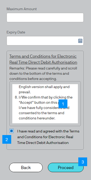 Then read carefully and scroll down to the bottom of the terms and conditions before check on the acceptance box. Press “Proceed”. 